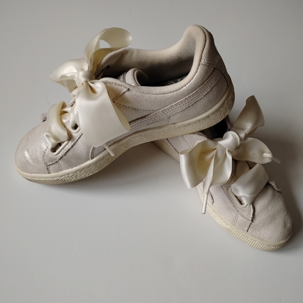 Puma Basket Satin Bow White Sparkle Classic Low Profile Retro Vibe Size 7.5 - Picture 9 of 12